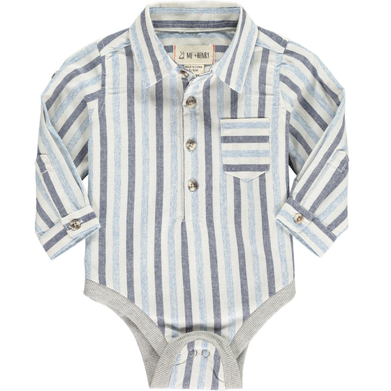 Blue, stripe, striped, woven, onesie, baby, Henry.