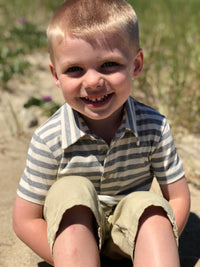 Grey, cream, stripe, striped, polo, short sleeve, buttoned, collar, spring, summer, casual, Henry.