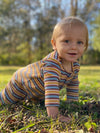 Mustard, blue, stripe, striped, ribbed, rib, romper, baby, buttoned, casual, spring, summer, Henry.