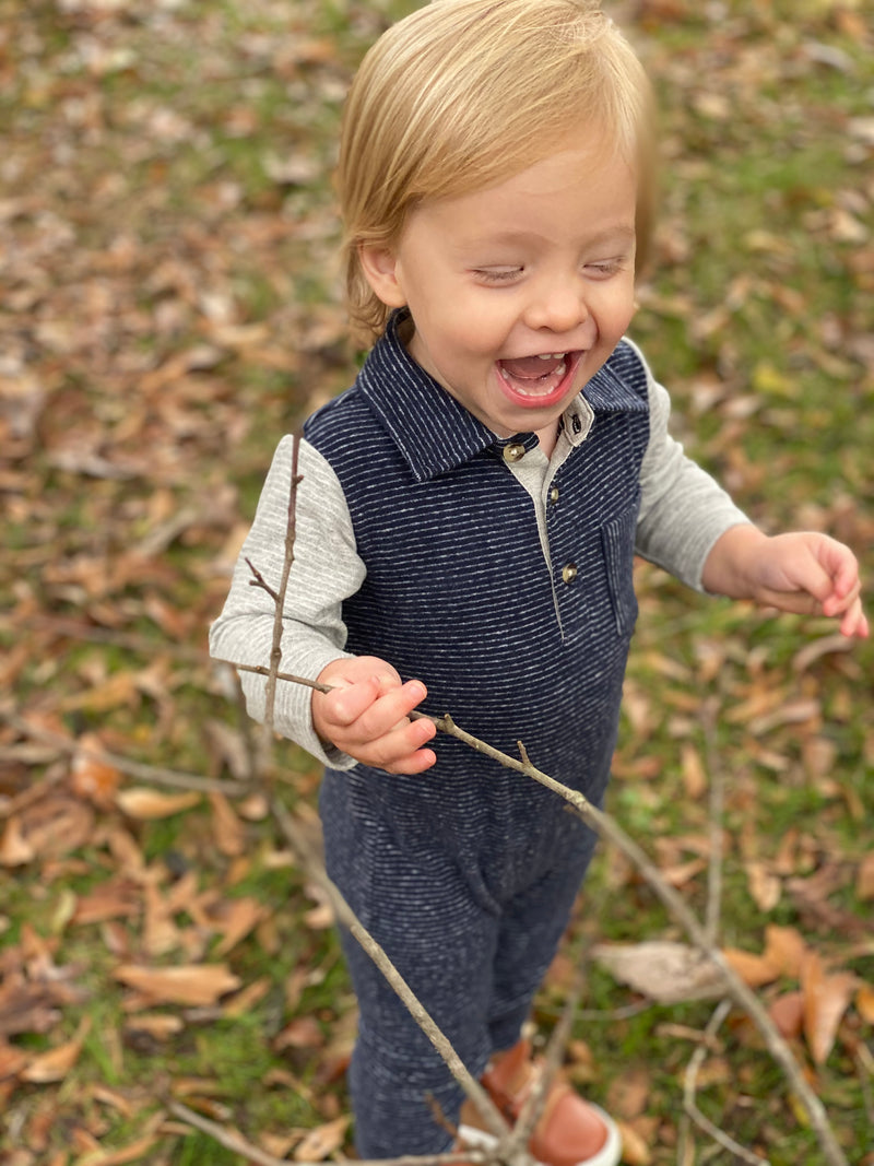 Navy, grey, stripe, striped, romper, polo, long sleeve, buttoned, pocket, baby, Henry.