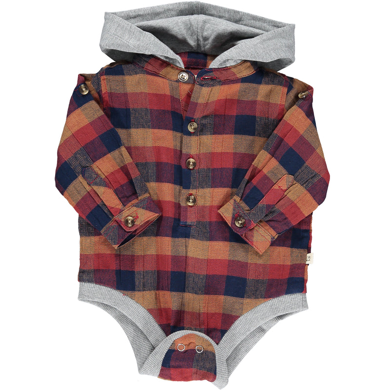 Wine, navy, green, plaid, hooded, woven, onesie, shirt, long sleeve, buttoned, warm, autumn, winter, baby, Henry.