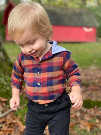 Wine, navy, green, plaid, hooded, woven, onesie, shirt, long sleeve, buttoned, warm, autumn, winter, baby, Henry.