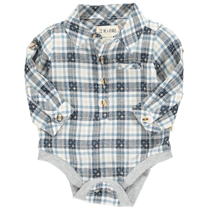 Grey, stitch, buttoned, plaid, woven, onesie, baby, smart, casual, Henry.