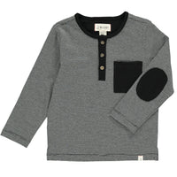 Black, grey, stripe, striped, henley, long sleeve, baby, boy, boys, casual, spring, summer, autumn, buttoned, Henry, cotton, pocket, elbow patch.