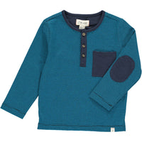 Blue, navy, stripe, striped, henley, long sleeve, buttoned, pocket, elbow patch, Henry, spring, summer.