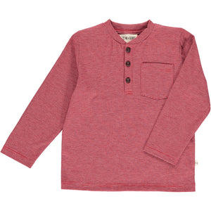 Red, grey, stripe, striped, henley, tee, long sleeve, buttoned, pocket, casual, Henry.