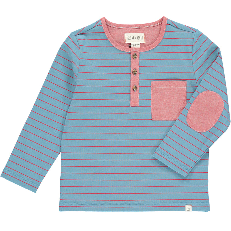 Blue, red, stripe, striped, henley, tee, long sleeve, casual, spring, summer, buttoned, pocket, elbow patch, Henry.