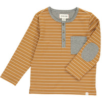 Mustard, white, stripe, striped, henley, long sleeve, pocket, buttoned, elbow patch, Henry, casual.