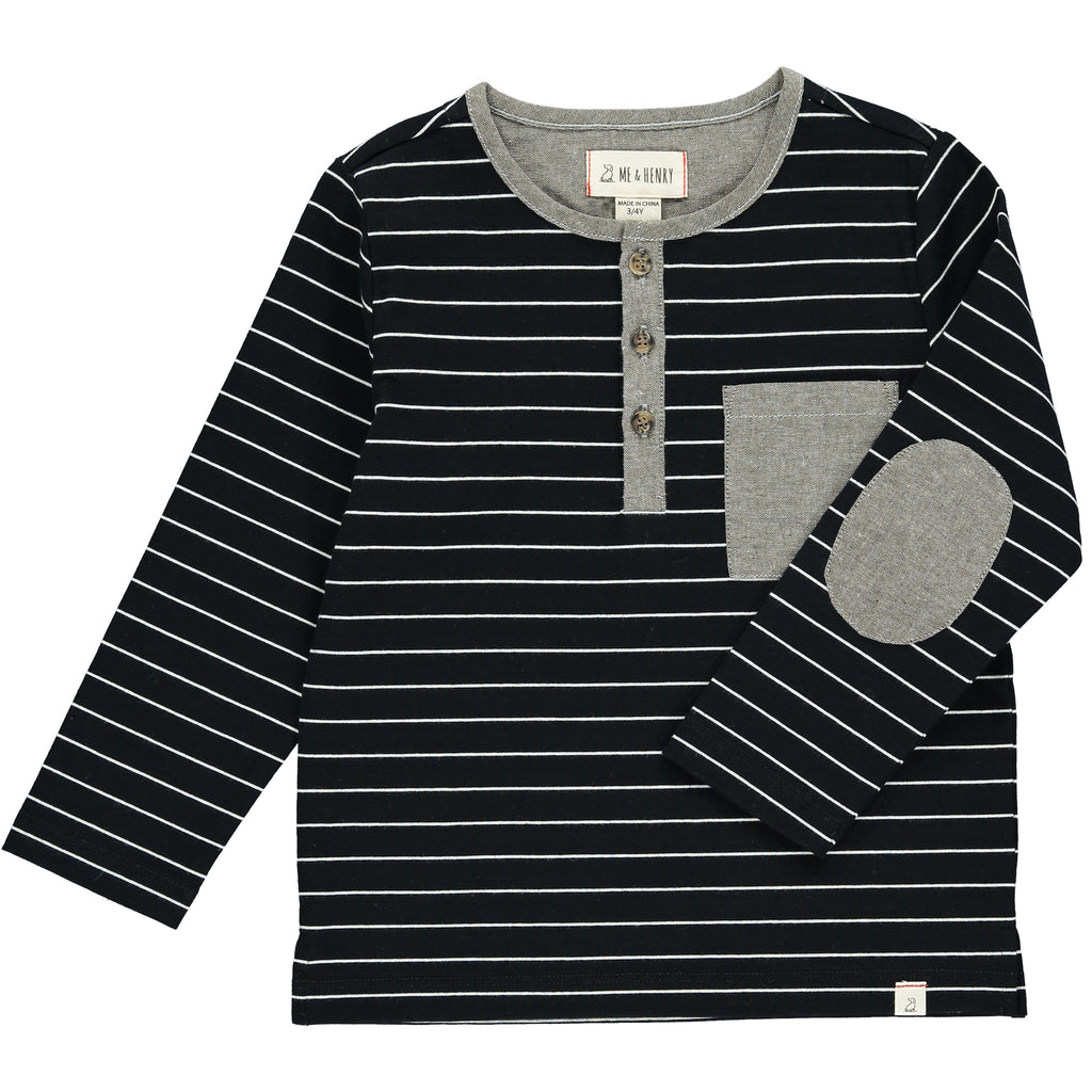 Black, white, stripe, striped, henley, tee, long sleeve, elbow patch, pocket, button, Henry, casual, spring, summer, boy, boys.
