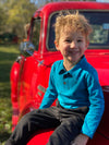 Teal, Henry. dog, polo, long, sleeve, sleeves, button, buttons, collar, charcoal, pants, little, boy, sitting, on, bonnet, of, car, cool, look, henry.