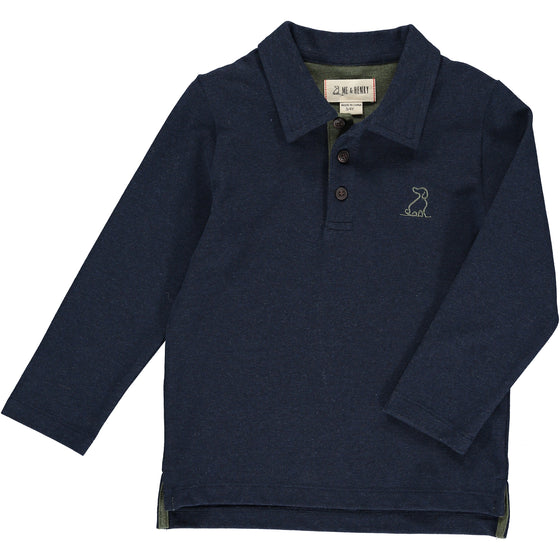 Navy, pique, polo, long sleeve, buttoned, dog, Henry, casual, collar.