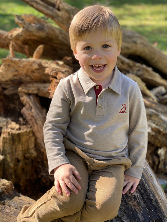 Mushroom, pique, polo, long sleeve, buttoned, Henry, dog, smart, casual.