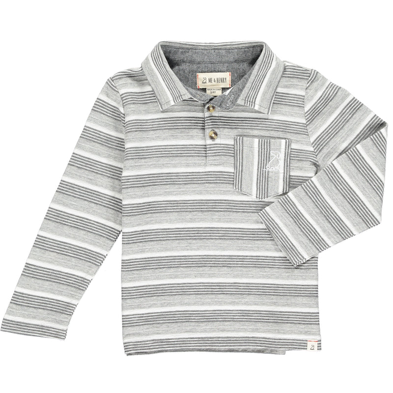 Grey, stripe, striped, textured, polo, long sleeve, pocket, dog, buttoned, casual, Henry.
