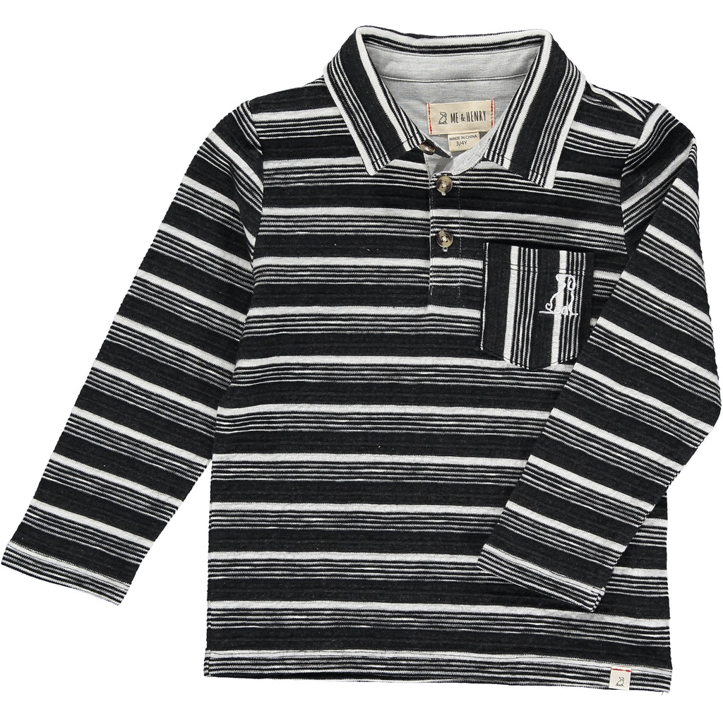 Black, stripe, striped, polo, textured, long sleeve, casual, spring, summer, boys, Henry, pocket, collar, soft.