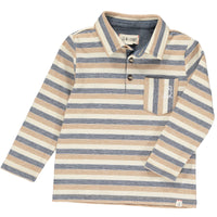Beige, navy, stripe, striped, polo, long sleeve, Henry, cotton, casual, buttoned, collar, boys, spring, summer.