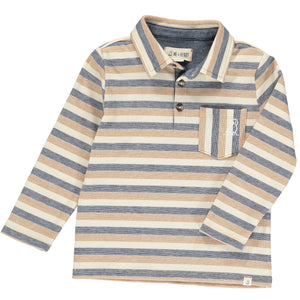 Beige, navy, stripe, striped, polo, long sleeve, Henry, cotton, casual, buttoned, collar, boys, spring, summer.