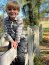 Grey, stripe, striped, textured, polo, long sleeve, pocket, dog, buttoned, casual, Henry.