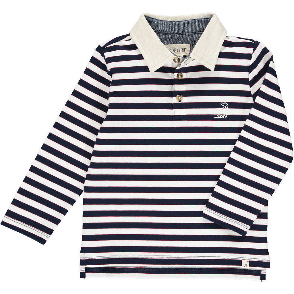 White, navy, stripe, striped, polo, buttoned, collar, smart, casual, Henry.