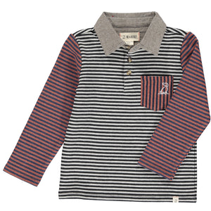 Navy, grey, stripe, striped, rugby, polo, long sleeve, pocket, buttoned, dog, Henry.