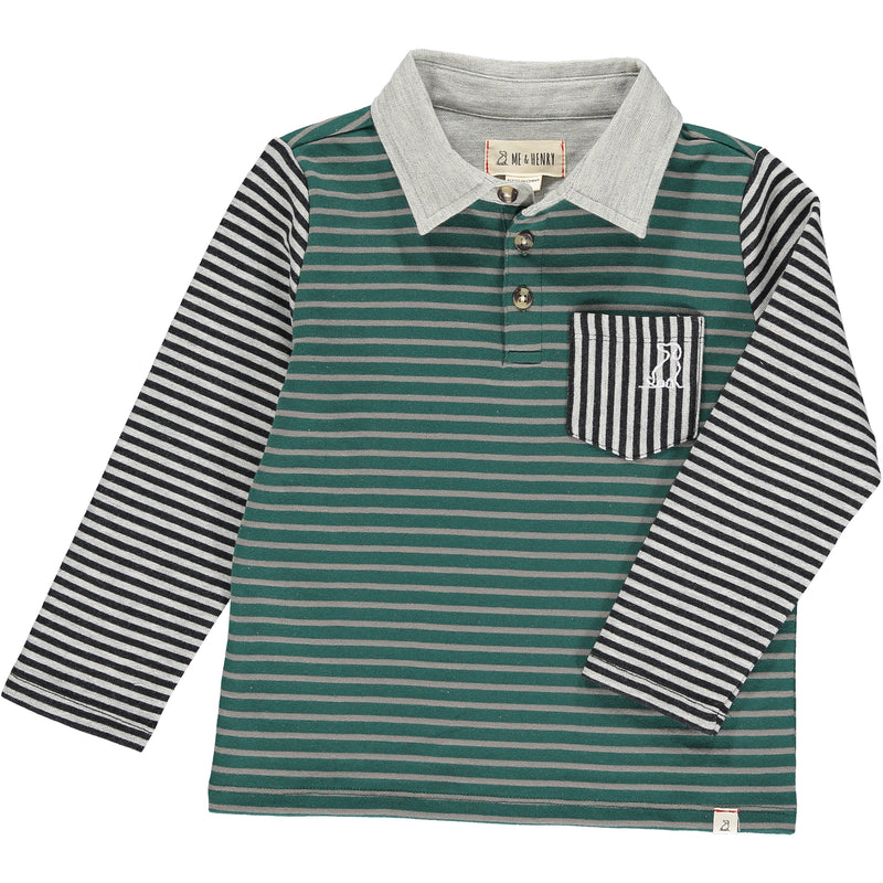 Green, grey, stripe, striped, polo, rugby, casual, pocket, long sleeve, dog, Henry.