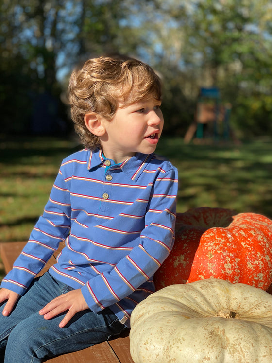 Blue, stripe, striped, polo, long sleeve, boy, smart, casual, Henry. Warm, Matching Dad/Daddy, Blue Jeans.