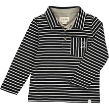  Navy, white, stripe, striped, polo, pocket, buttoned, collar, dog, Henry, casual, long sleeve.