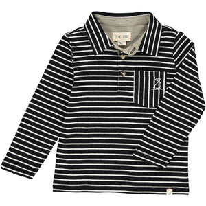 Navy, white, stripe, striped, polo, pocket, buttoned, collar, dog, Henry, casual, long sleeve.