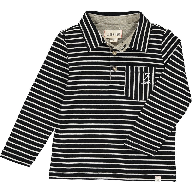 Navy, white, stripe, striped, polo, pocket, buttoned, collar, dog, Henry, casual, long sleeve.
