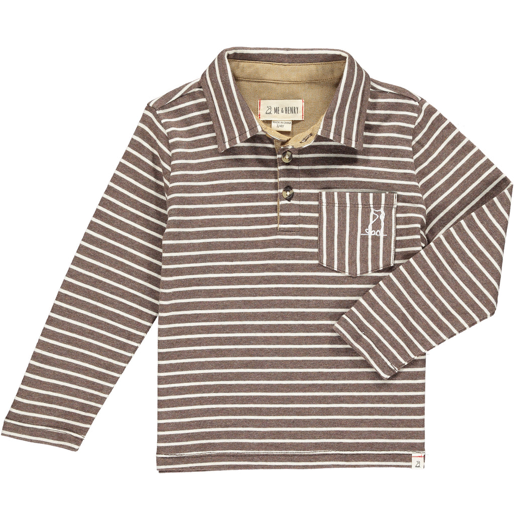 Brown, cream, stripe, striped, polo, long sleeve, buttoned, pocket, collar, dog, Henry, casual, soft.