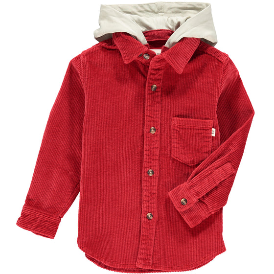 Red, cord, corduroy, hooded, hood, woven, shirt, warm, casual, buttoned, pocket, Henry.