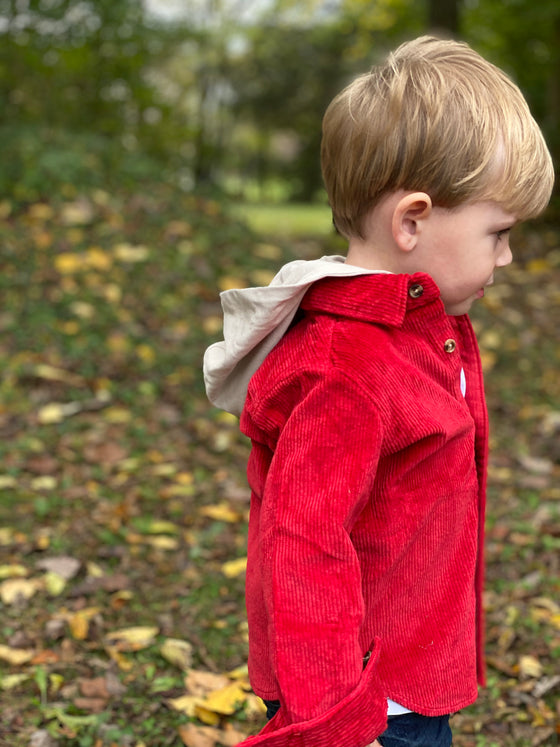 Fair Haired Boy in a, Red, cord, corduroy, hooded, hood, woven, shirt, warm, casual, buttoned, pocket, Henry.