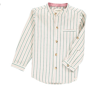 Green, red, cream, woven, round neck, grandad, shirt, long sleeve, buttoned, pocket, casual, smart, spring, summer, Henry.