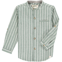Green, cream, stripe, striped, woven, round neck, grandad, shirt, long sleeve, smart, casual, buttoned, pocket, Henry.