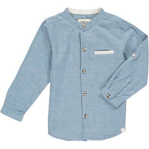 Chambray, blue, woven, shirt, round neck, grandad, buttoned, pocket, smart, casual, spring, summer, Henry.