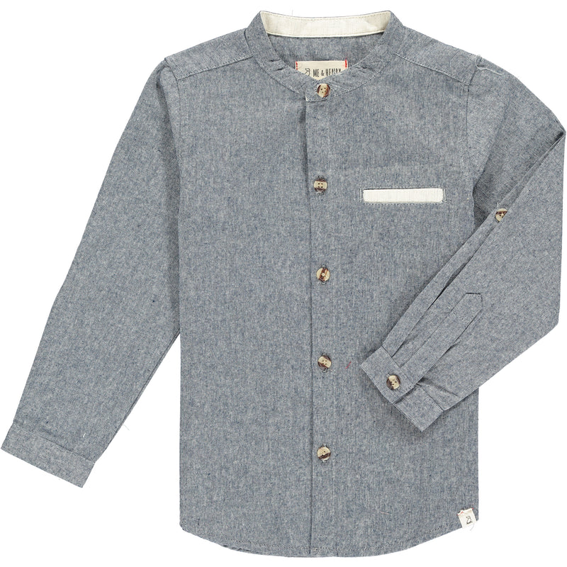 Dark chambray, woven, round neck, grandad, shirt, long sleeve, buttoned, pocket, smart, casual, spring, summer, Henry.