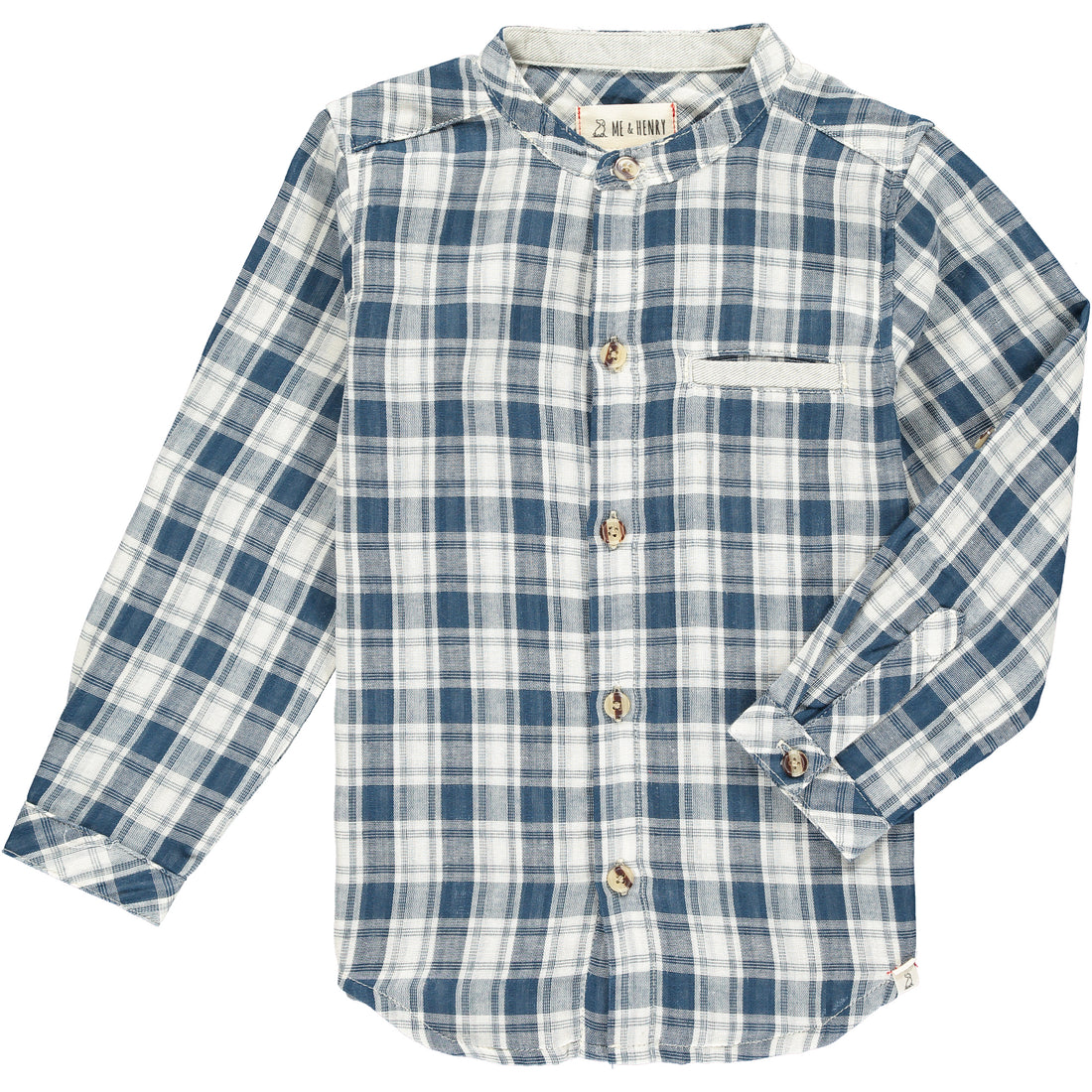  Blue, cream, plaid, woven, shirt, round neck, grandad, smart, casual, spring, summer, Henry, long sleeve, buttoned.