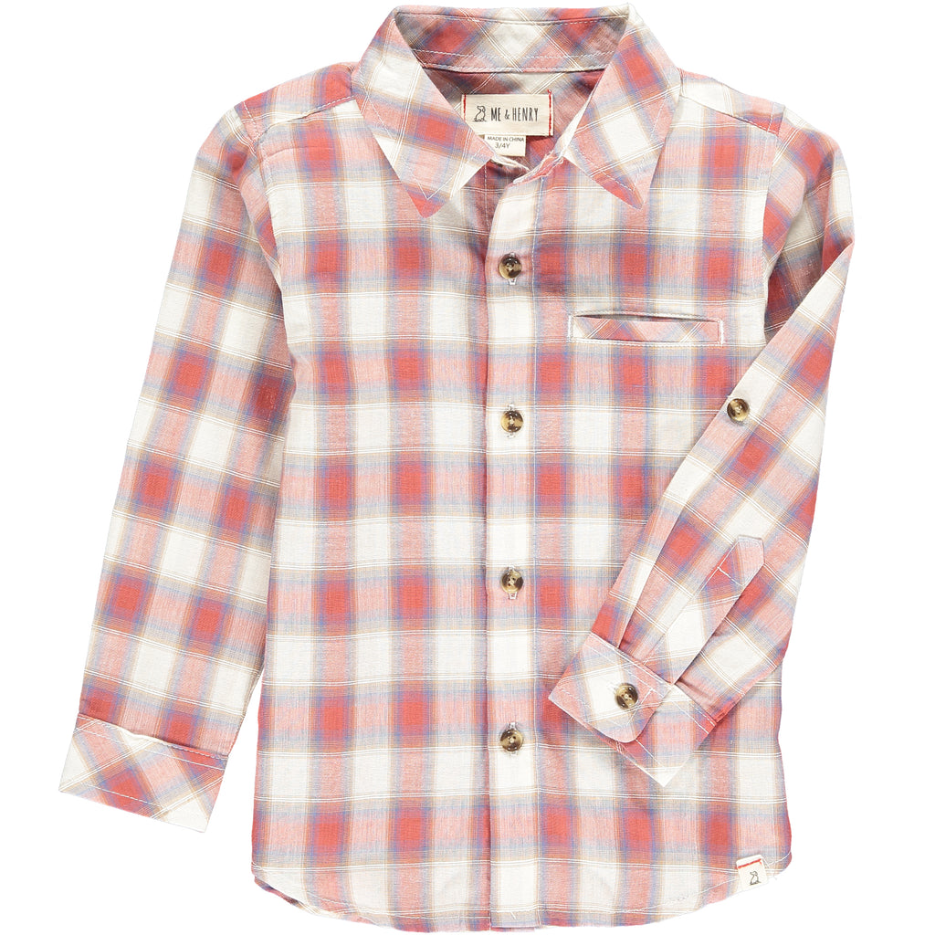 Coral, white, blue, plaid, woven, shirt, long sleeve, casual, spring, summer, buttoned, pocket, boy, boys, Henry.