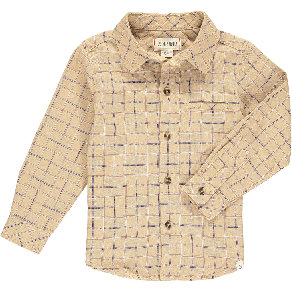 Beige, woven, shirt, plaid, boys, buttoned, collar, long sleeve, casual, Henry, cotton.
