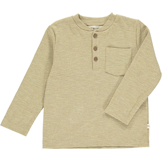 Heathered, beige, ribbed, rib, henley, top, long sleeve, buttoned, pocket, casual, Henry, autumn, spring, summer.