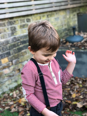 Red, stripe, striped, henley, tee, long sleeve, buttoned, pocket, elbow patch, Henry.