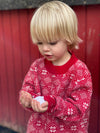 Red, white, fairisle, sweater, jumper, Christmas, holiday, winter, warm, blonde, hair, little, boy, holding, snow, henry. Dad, Daddy,