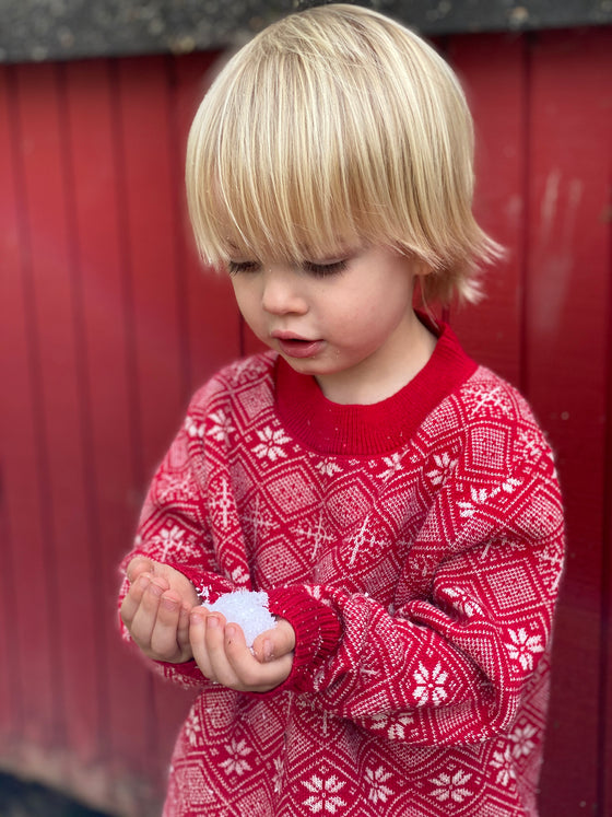 Red, white, fairisle, sweater, jumper, Christmas, holiday, winter, warm, blonde, hair, little, boy, holding, snow, henry. Dad, Daddy,