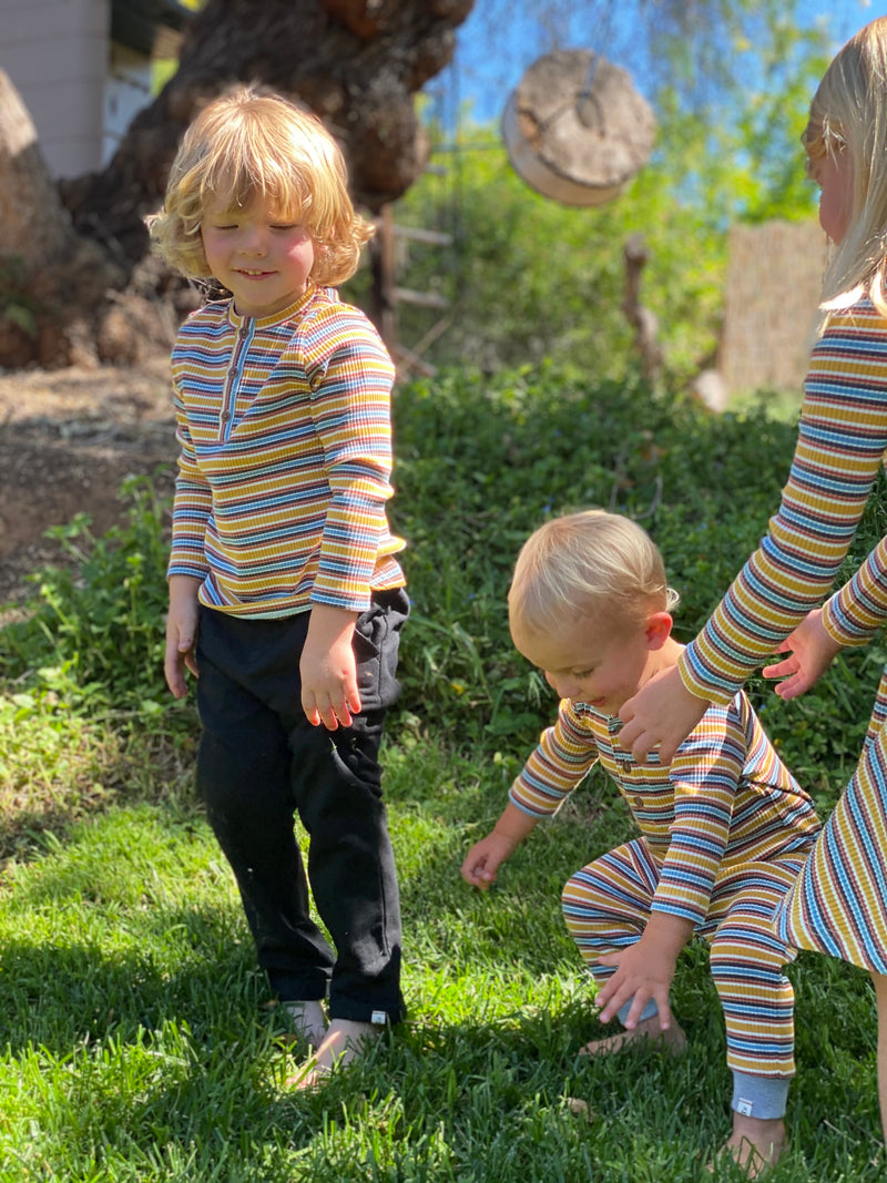 Mustard, blue, stripe, striped, ribbed, rib, romper, baby, buttoned, casual, spring, summer, Henry.