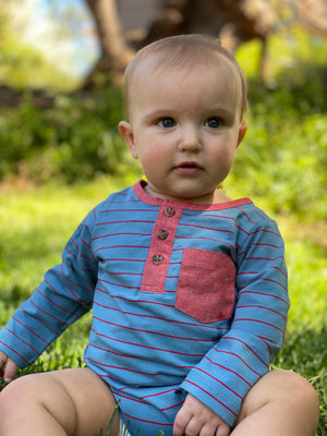 Blue, red, stripe, striped, henley, onesie, buttoned, baby, pocket, elbow patch, spring, summer, Henry.