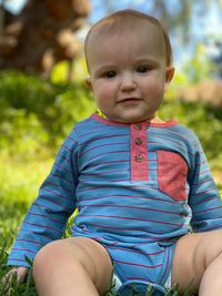 Blue, red, stripe, striped, henley, onesie, buttoned, baby, pocket, elbow patch, spring, summer, Henry.
