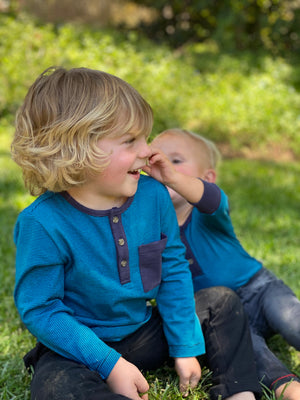 Blue, navy, stripe, striped, henley, long sleeve, buttoned, pocket, elbow patch, Henry, spring, summer.