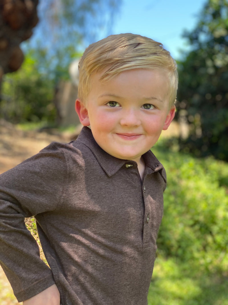 Brown, polo, long sleeve, casual, collar, Henry, soft.