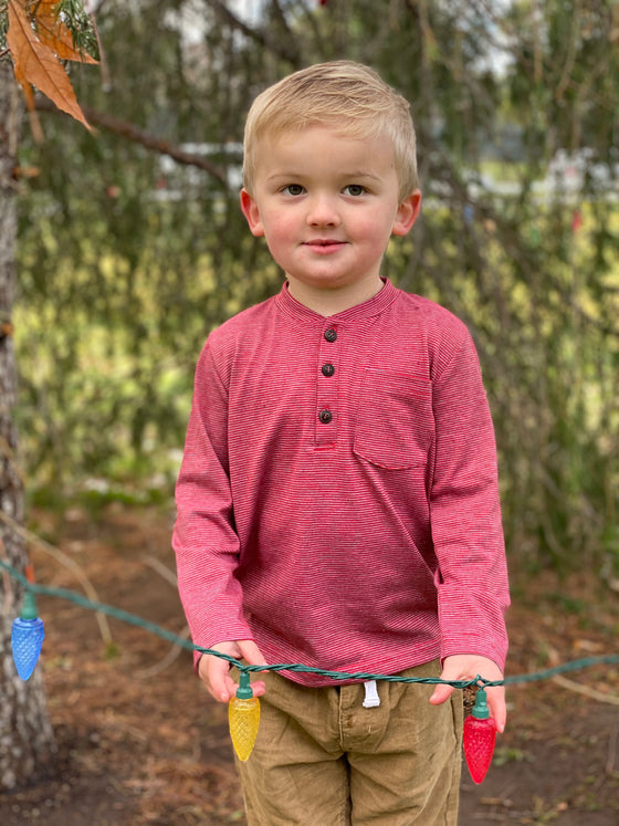 Red, grey, stripe, striped, henley, tee, long sleeve, buttoned, pocket, casual, Henry.