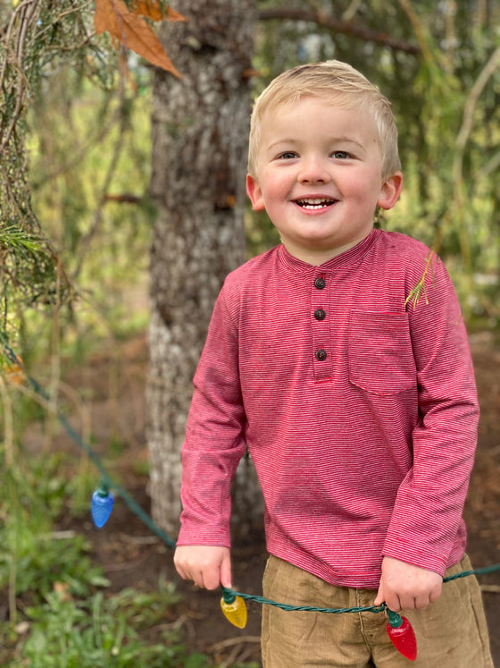 Red, grey, stripe, striped, henley, tee, long sleeve, buttoned, pocket, casual, Henry.