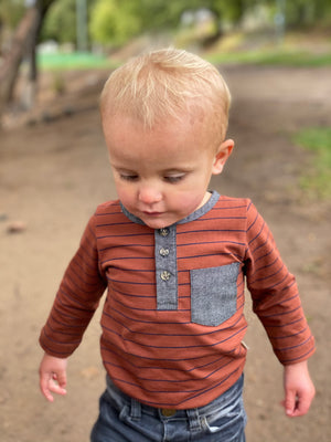 Chocolate, black, stripe, striped, henley, onesie, buttoned, elbow patch, pocket, baby, casual, Henry.